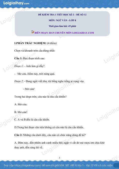 Đề kiểm tra 1 tiết Văn 8 - Đề số 12